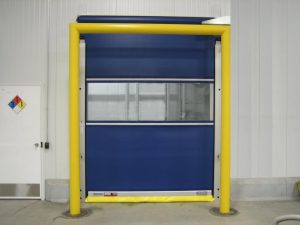 Blue Bay Door with Yellow Safety Bar